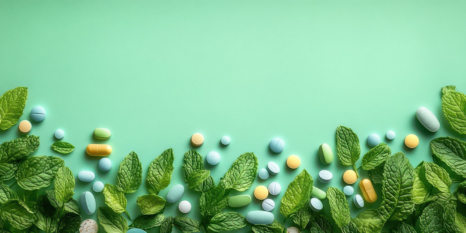 Colorful assortment of vitamins and supplements surrounded by fresh mint leaves on a pastel green background